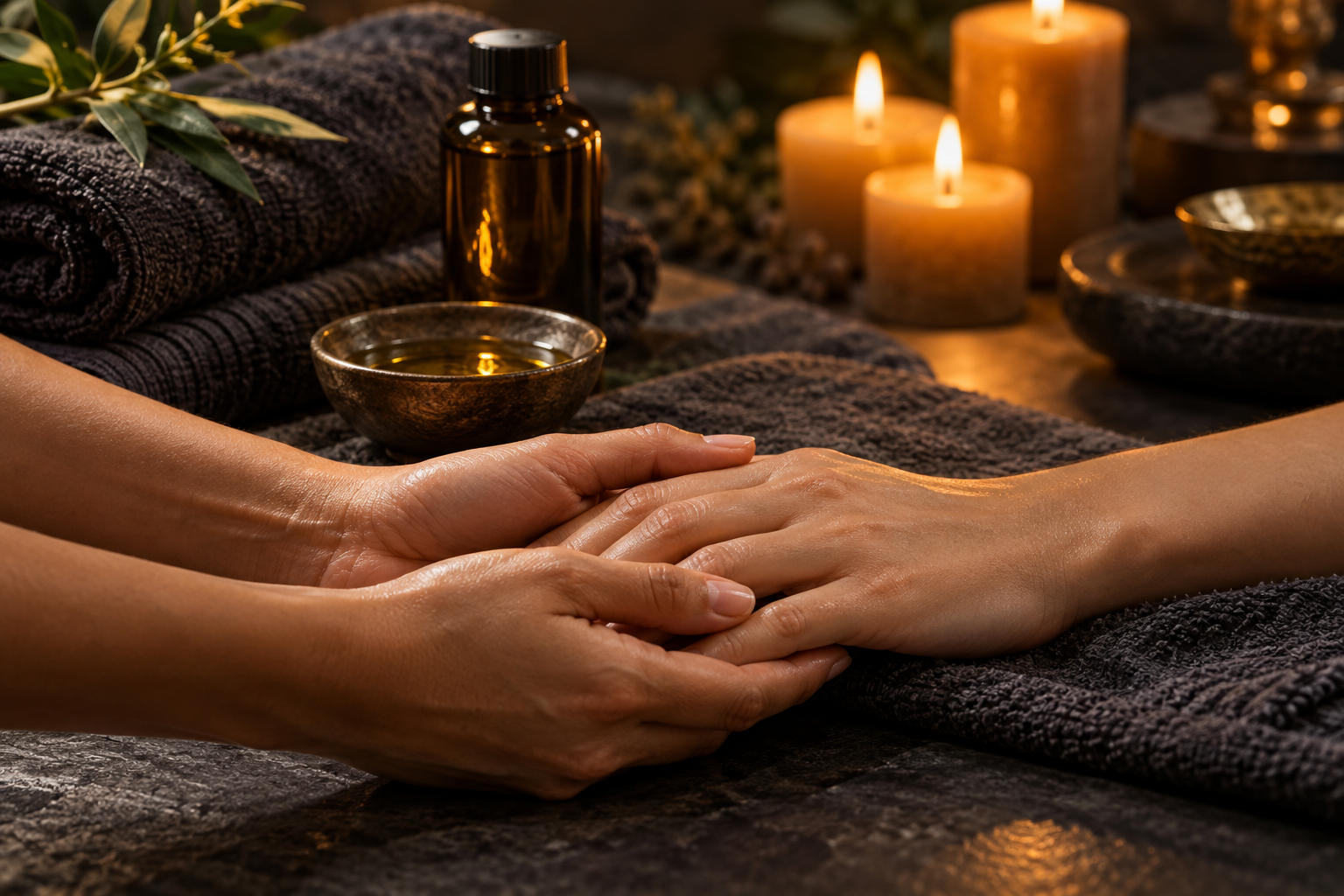 Aceites, velas y manos en un ambiente de masaje cálido